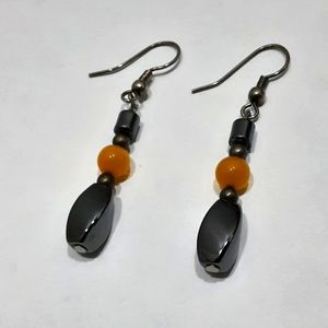 Hematite and Glass Beaded Boho Dangle Earrings 1 1/4" long